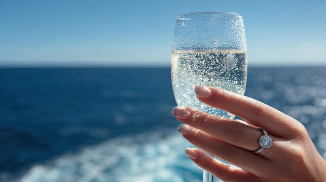 young woman delicate hand holds sparkling wine glass against beautiful ocean backdrop, evoking sense of celebration and joy