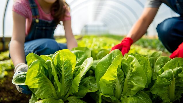 Harvesting fresh romaine lettuce in a greenhouse for healthy lifestyle