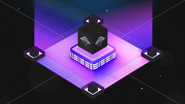 Blockchain server animation, crypto data center, digital storage security, isometric technology, future online finance