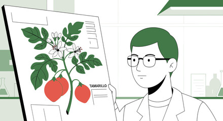 Scientist Studying Tamarillo Plant Displaying Research Findings in Laboratory Setting