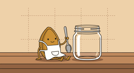 Seed Character Sitting Next to Glass Jar, Holding Spoon, Ready to Prepare Food or Snack