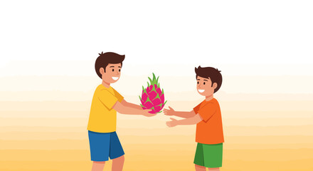 Sharing A Vibrant Dragon Fruit, Illustrating Concepts Of Giving And Freshness