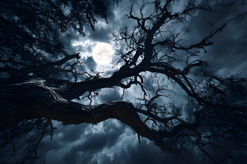 Haunted forest under moonlight with ancient bare tree and eerie atmosphere
