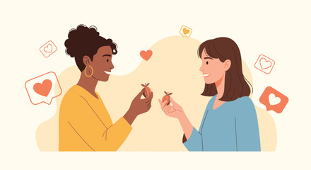 Sharing Delight: Two Women Exchanging Gifts and Expressing Mutual Appreciation