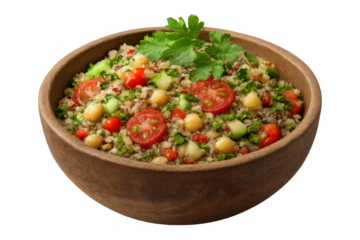 Fresh quinoa tabbouleh salad with chickpeas, tomatoes, cucumber, and parsley in a wooden bowl on transparent background, promoting healthy eating and vegetarian lifestyle