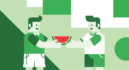 Sharing Watermelon Slice Between Two Friends: A Vibrant Vector Illustration