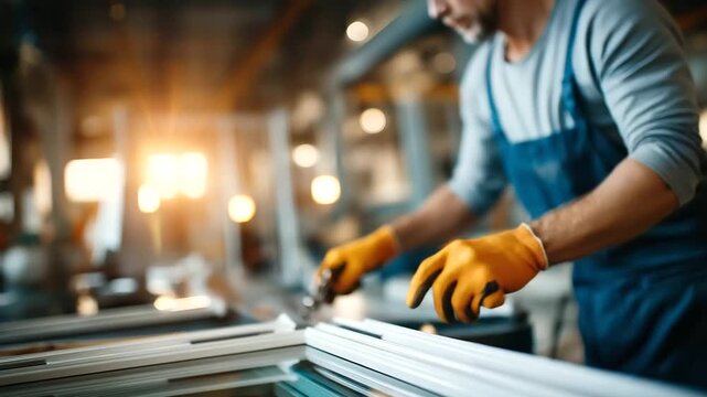 Factory worker's hands in safety gloves carefully assembling white PVC window frame components joining corners with specialized tools aluminum profiles and glass panes visible