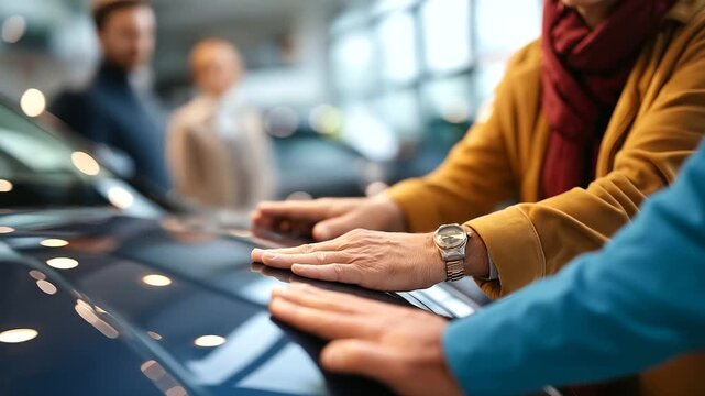 Family members' hands of different ages touching and examining new car hood in showroom price sticker visible on window other vehicles and dealership staff defocused behind