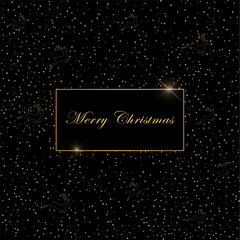 Greeting card with small christmas dears on black background. Christmas golden deer with golden snowflakes. Vector illustration. Gold pattern