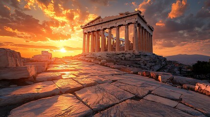 Ancient parthenon temple at sunset high resolution picture