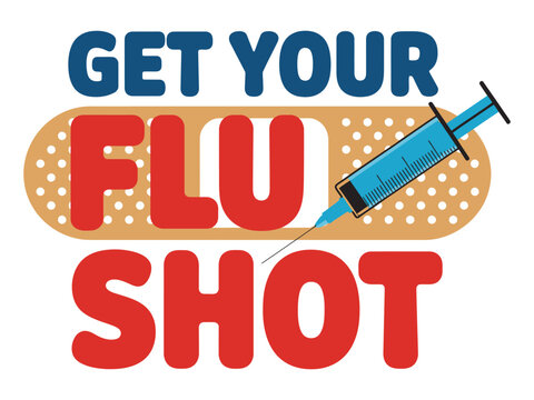 Get your flu shot illustration with a syringe and a bandage background promoting health awareness and vaccination.