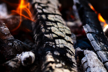 Burning wood and fire flames. Empty hot charcoal barbecue grill with bright flame