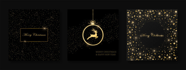Pack of festive greeting cards with Christmas  ball and dear on black background. Holiday pattern. Vector illustratio