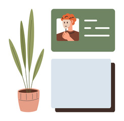 Personal identification card with photo and details, potted plant, and document folder. Ideal for identity, organization, business, networking, record-keeping, documentation simple flat metaphor