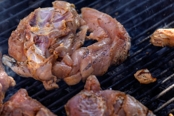 Pork chops, steak, sausages on barbecue grill