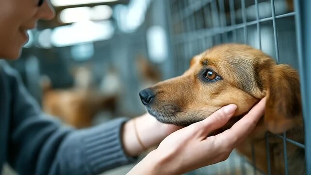 Gentle hands reaching through metal kennel bars petting friendly dog's head multiple shelter cages with adoptable dogs defocused in background fluorescent shelter lighting anima