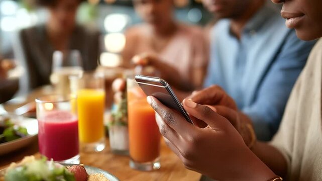 Group of friends' hands around smartphone on restaurant table all looking at screen colorful juice glasses and food plates visible casual eatery atmosphere with other diners def