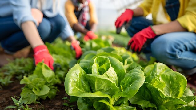 Healthy garden with diverse women cultivating fresh organic lettuce crops