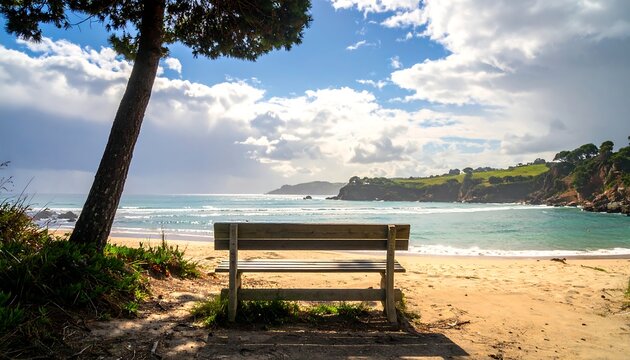 Seascape A wooden bench sits on a sandy beach under a tree, overlooking the turquoise ocean and a cloudy sky