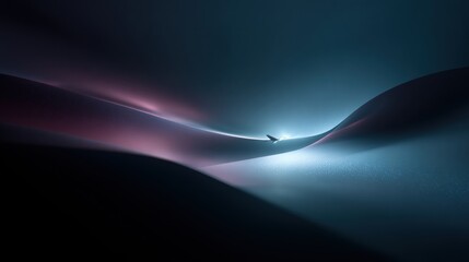 Dramatic abstract airplane flying through cosmic waves of light and shadow, evoking a sense of adventure and freedom in a modern, stylish design