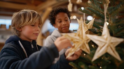 Kids in a shelter decorating a Christmas tree with paper stars and recycled ornaments — an inspiring image of creativity, teamwork, and hope, showing that the holiday spirit shines even in the most