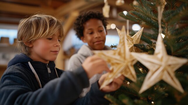 Kids in a shelter decorating a Christmas tree with paper stars and recycled ornaments — an inspiring image of creativity, teamwork, and hope, showing that the holiday spirit shines even in the most - Powered by Adobe