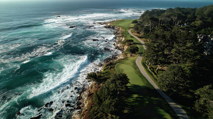 Aerial view of coastal golf course along shoreline, featuring lush green fairways and crashing waves. scenic landscape captures beauty of nature and ocean edge