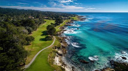Aerial view of coastal golf course along shoreline, featuring lush green fairways and rocky cliffs. vibrant blue ocean contrasts beautifully with greenery