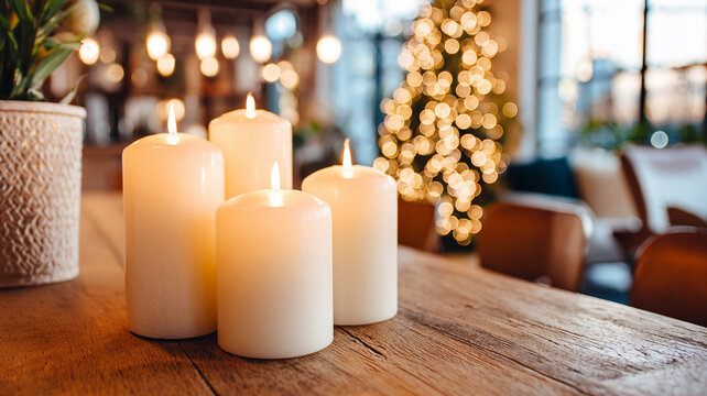 Advent calendar. Burning candles with Christmas decorations. Lighting candles.