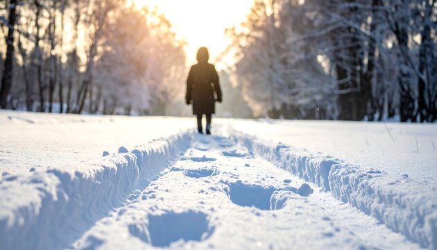 Snowy path with footsteps leads to a distant figure amidst frosty trees, bathed in the soft glow of winter sunlight