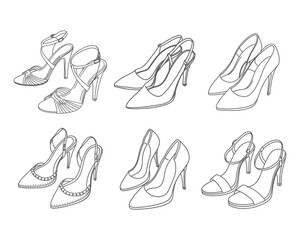 Set of womens shoes. Collection of elegant high heels shoes. Sketch.