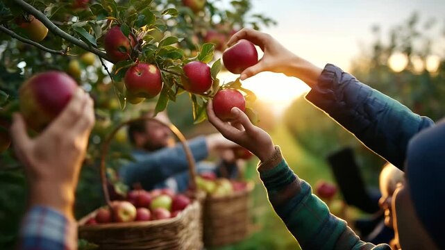 Multiple family members' hands reaching up picking apples from heavily laden tree branches harvest baskets visible below filled with fruit scenic orchard rows defocused into dist