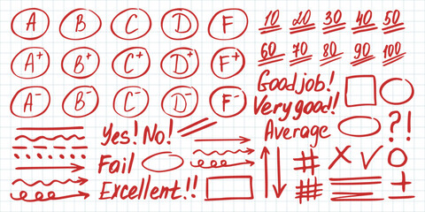 Exam grade red pen elements. Gradation elements for teachers in doodle hand drawn style. Doodle exam grade elements