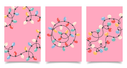 Set of postcards with colorful holiday garlands. Christmas lights on pink background. Festive string lights posters.