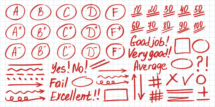 Exam grade red pen elements. Gradation elements for teachers in doodle hand drawn style. Doodle exam grade elements
