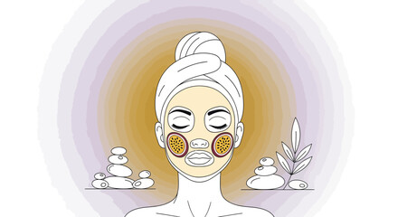 Relaxed Woman Receiving Passionfruit Facial Treatment Spa Wellness Concept Illustration