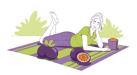 Relaxed Woman Resting Enjoying Tropical Fruits On A Picnic Mat In The Sun
