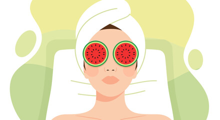 Relaxed Woman With Watermelon Eye Masks, Enjoying Beauty Spa Treatments for Wellness