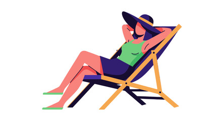 Relaxed Woman Sunbathing In A Beach Chair With Hat In The Evening Black Background