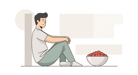 Relaxed Young Man Beside A Bowl Of Fresh Fruits In A Minimalistic Illustration Style