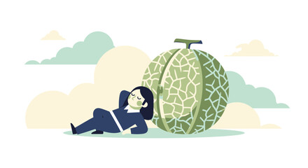 Relaxing Against a Cantaloupe: A Vector Illustration Showcasing Serenity and Recreation
