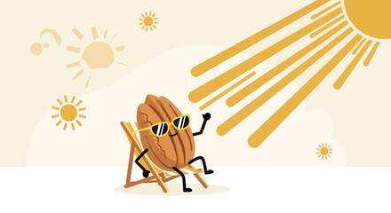 Relaxing Almond Cartoon on the Beach: Sunbathing and Enjoying Summer Vacation