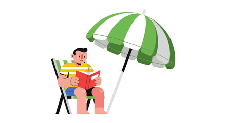 Fototapeta premium Relaxing With A Book Under An Umbrella In A Summer Day Illustration