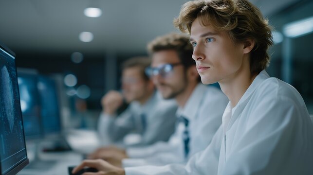 Team of engineers collaborating in high-tech lab, designing bio-inspired neural chips with AR-assisted brain activity models, emphasizing cutting-edge AI processors, neuromorphic research, and