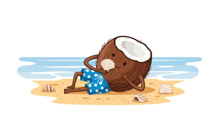 Relaxing Coconut Character Enjoying Vacation On Sandy Beach With Seashells And Blue Water