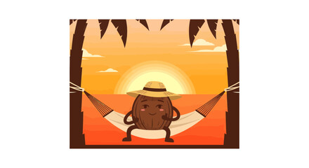 Relaxing Coconut Character Enjoying Sunset On Hammock With Palm Trees And Golden Beach