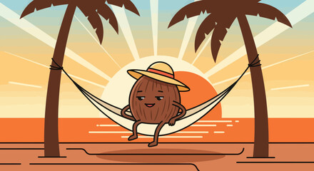 Relaxing Coconut Character Enjoying Vacation On Tropical Beach Paradise With Palm Trees