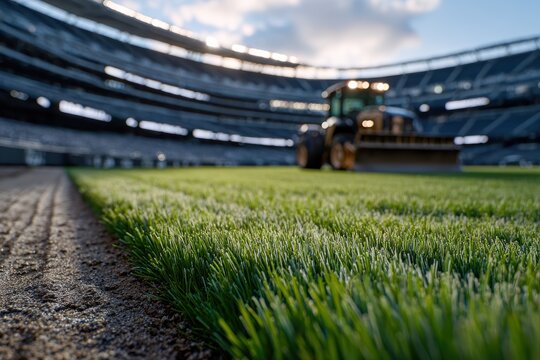 Preparing the baseball field with heavy machinery during a sunny day