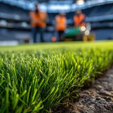 Ground crew maintaining turf at a sports stadium during daylight hours