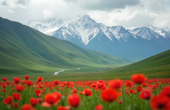 Vast field of bright red poppies covers green meadows. Gentle hills and a flowing river lead to tall snow capped mountains. Beautiful spring landscape in Kyrgyzstan, Central Asia, under a cloudy sky.